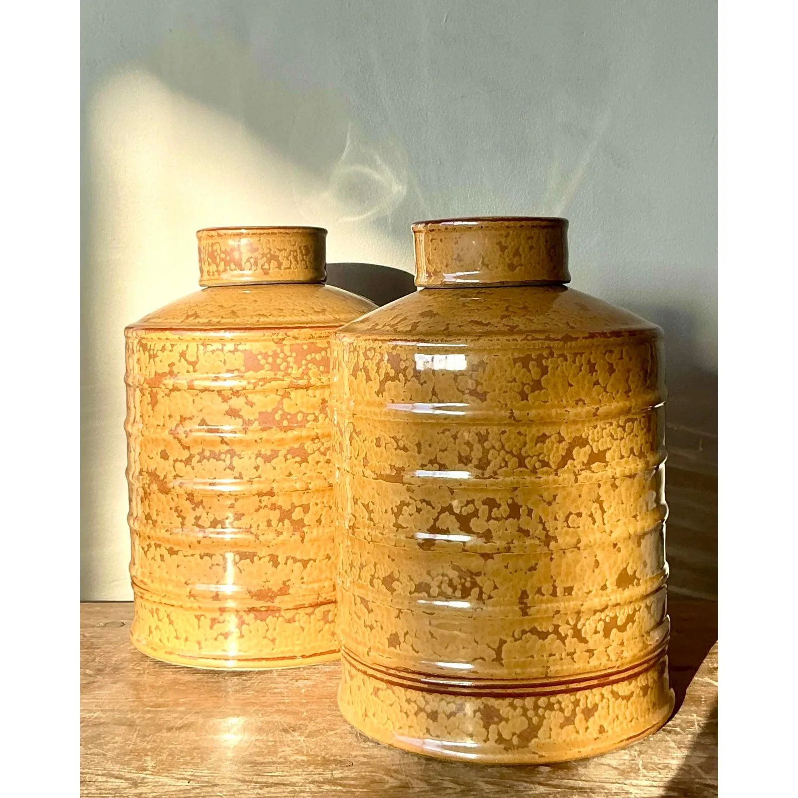 Vintage Glazed Ceramic Ribbed Lidded Urns - A Pair — additional photo 6
