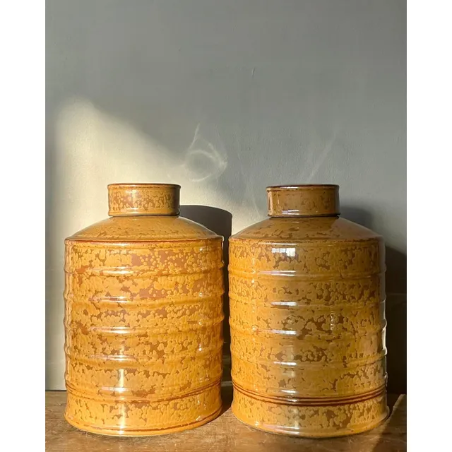 Vintage Glazed Ceramic Ribbed Lidded Urns - A Pair — additional photo 7