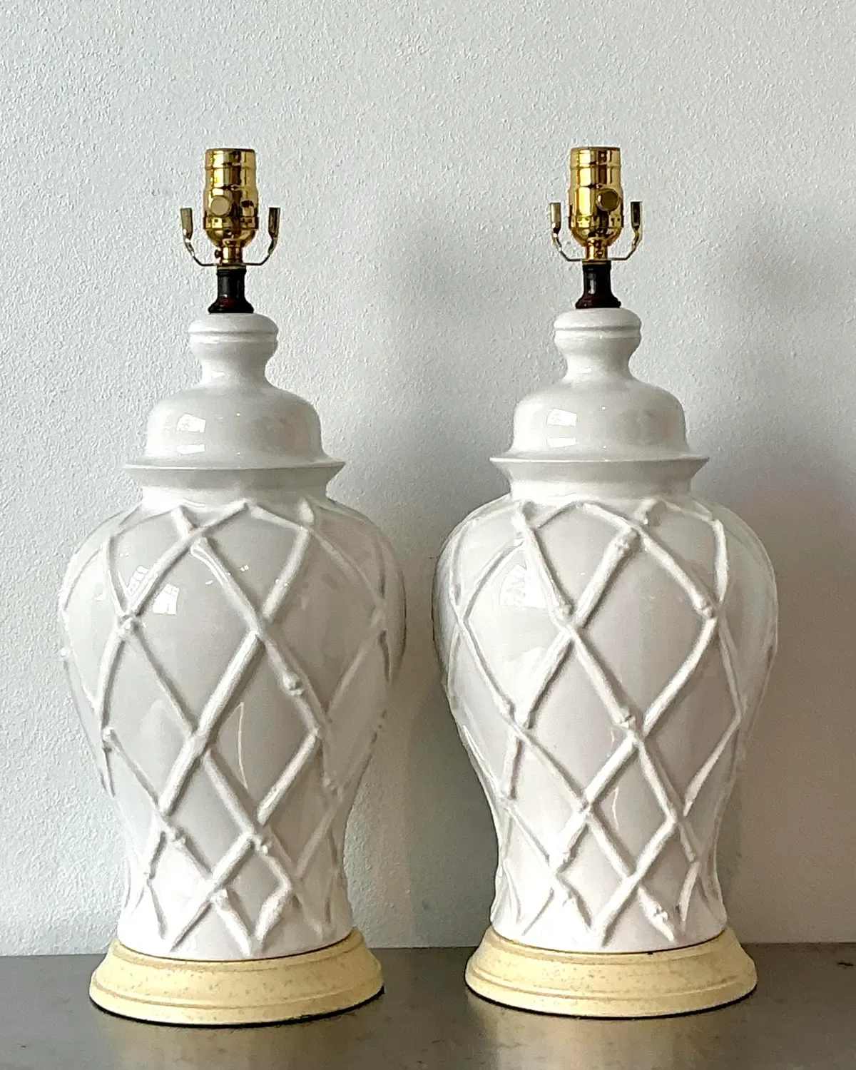 Vintage Glazed Ceramic Trellis Lamps - A Pair — additional photo 2