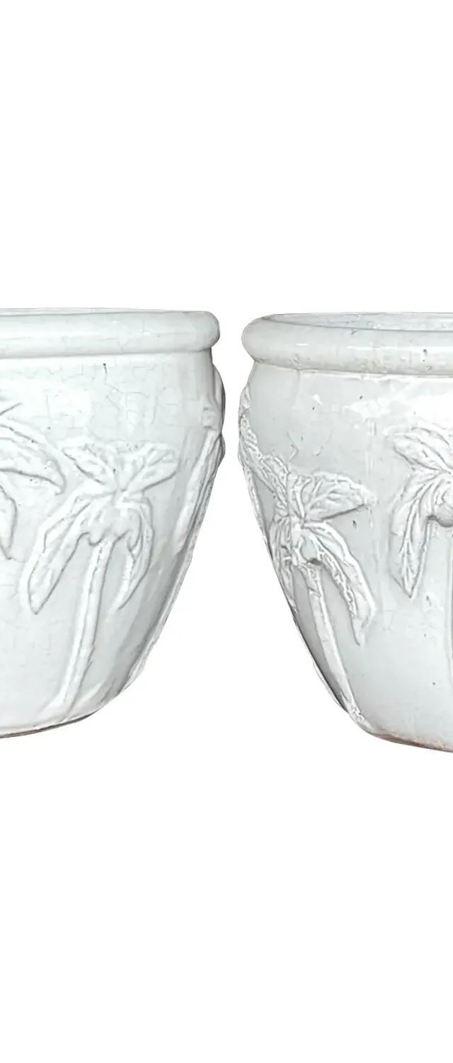 Vintage Glazed Terra Cotta Palm Tree Planters - a Pair