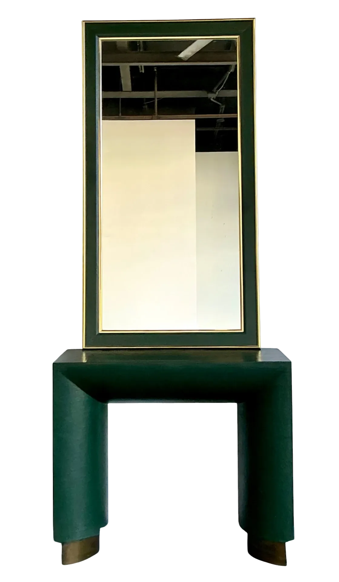 Vintage Green Grasscloth Wrapped Console Table With Mirror