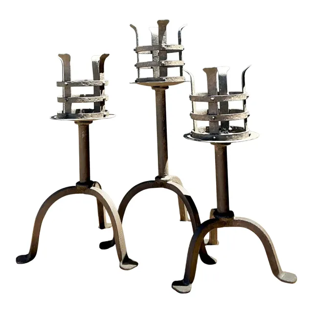 Vintage Hammered Wrought Iron Cage Candlesticks - Set of 3 — additional photo 1