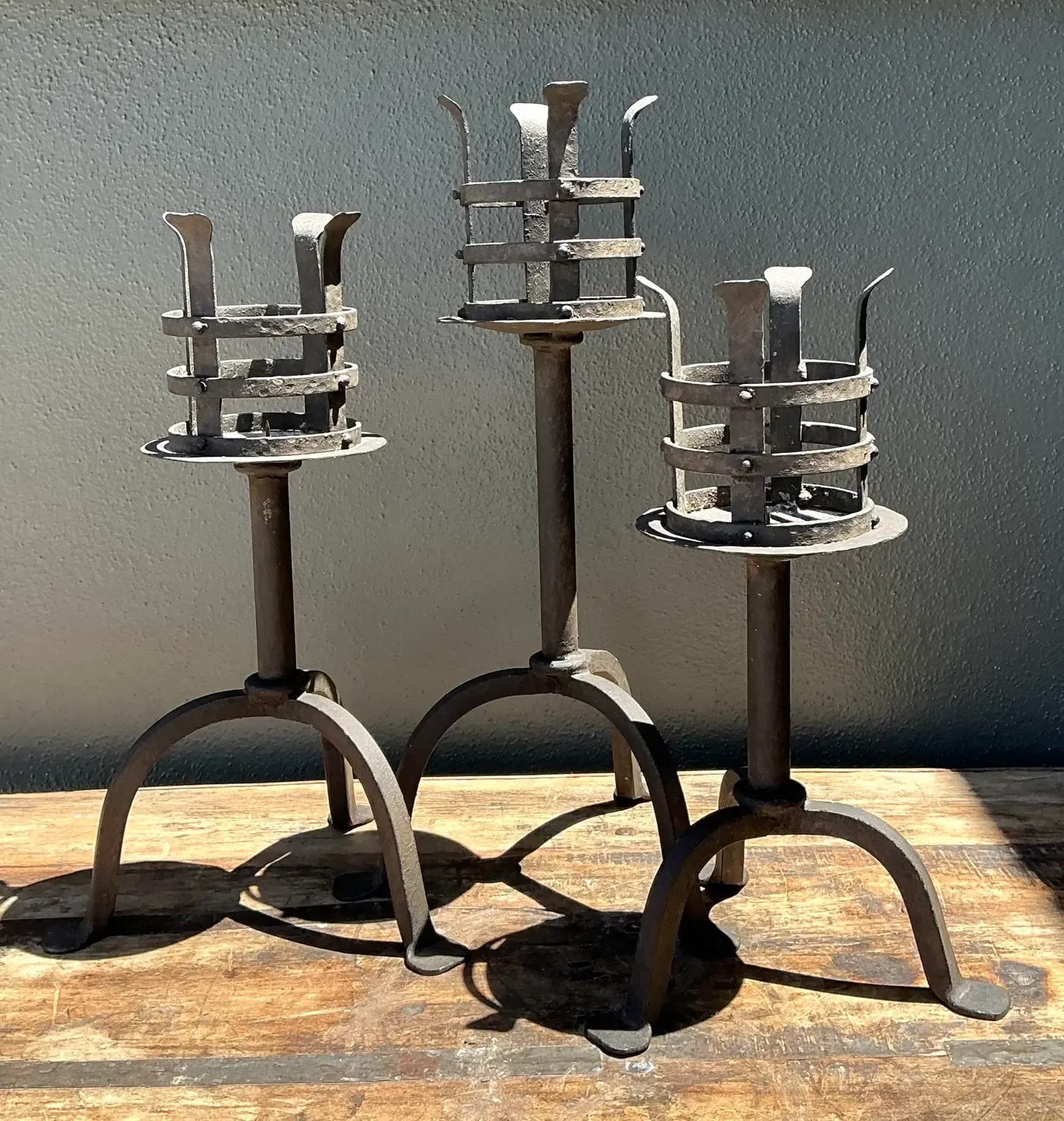 Vintage Hammered Wrought Iron Cage Candlesticks - Set of 3 — additional photo 2