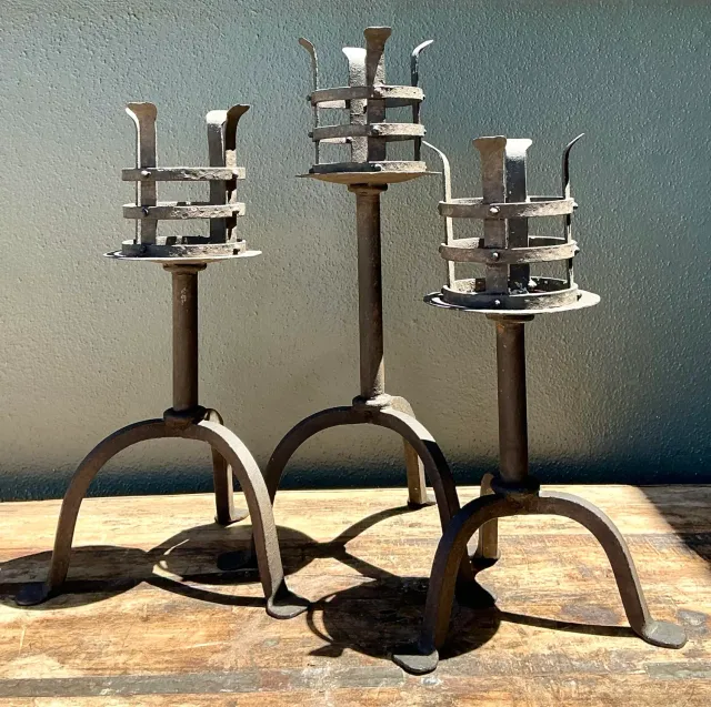 Vintage Hammered Wrought Iron Cage Candlesticks - Set of 3 — additional photo 6