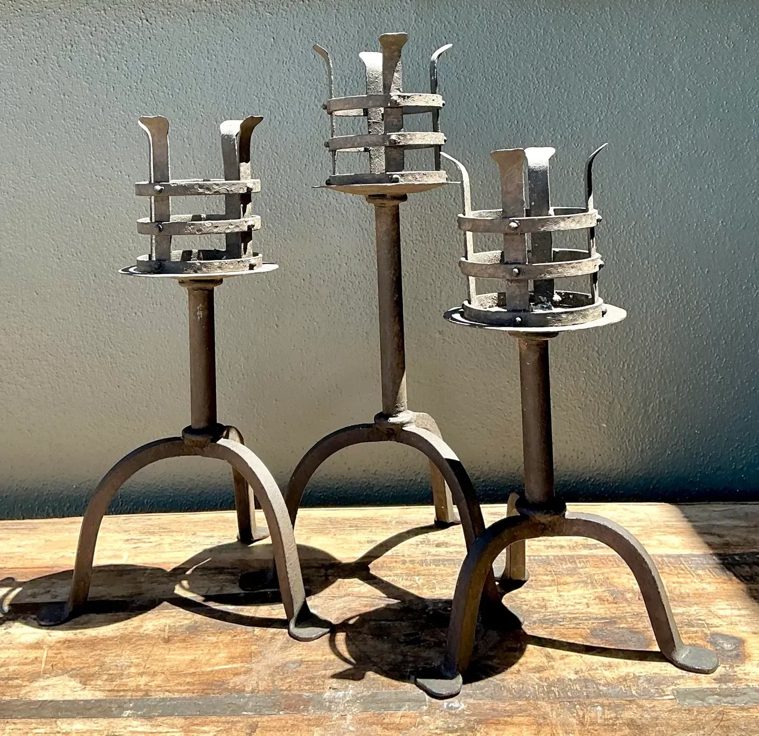 Vintage Hammered Wrought Iron Cage Candlesticks - Set of 3 — additional photo 7