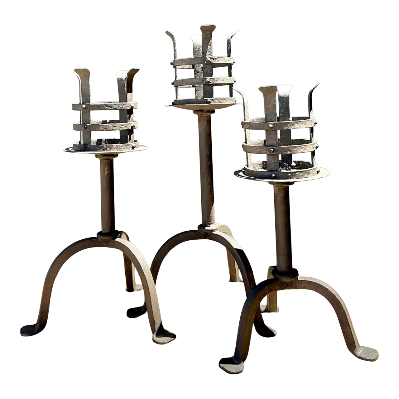 Vintage Hammered Wrought Iron Cage Candlesticks - Set of 3