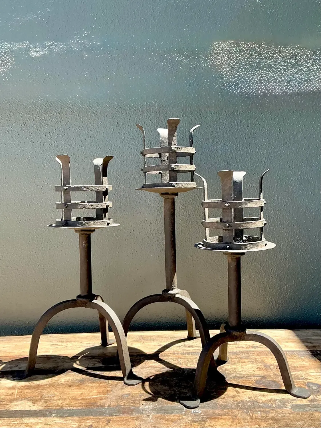 Vintage Hammered Wrought Iron Cage Candlesticks - Set of 3 — additional photo 8
