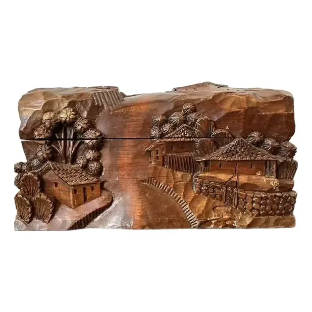 Vintage Hand Carved Asian Landscape Wood Box — additional photo 1