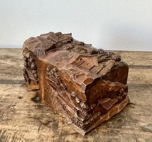 Vintage Hand Carved Asian Landscape Wood Box — additional photo 2