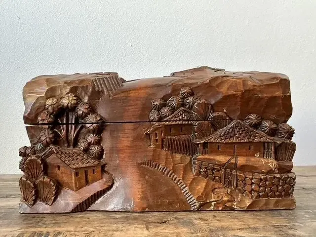 Vintage Hand Carved Asian Landscape Wood Box — additional photo 3