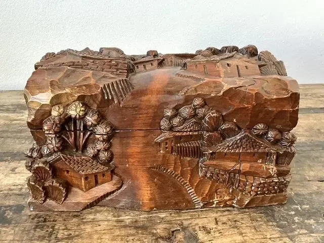 Vintage Hand Carved Asian Landscape Wood Box — additional photo 6