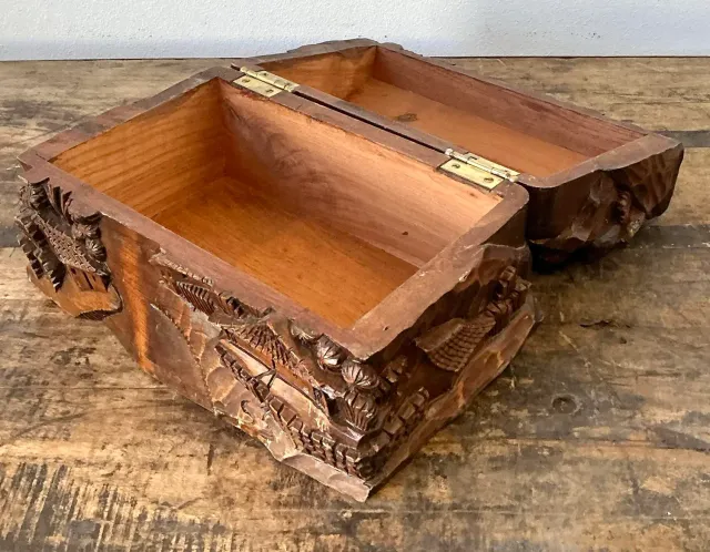 Vintage Hand Carved Asian Landscape Wood Box — additional photo 8