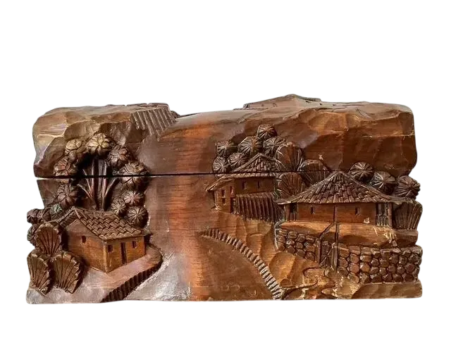 Vintage Hand Carved Asian Landscape Wood Box