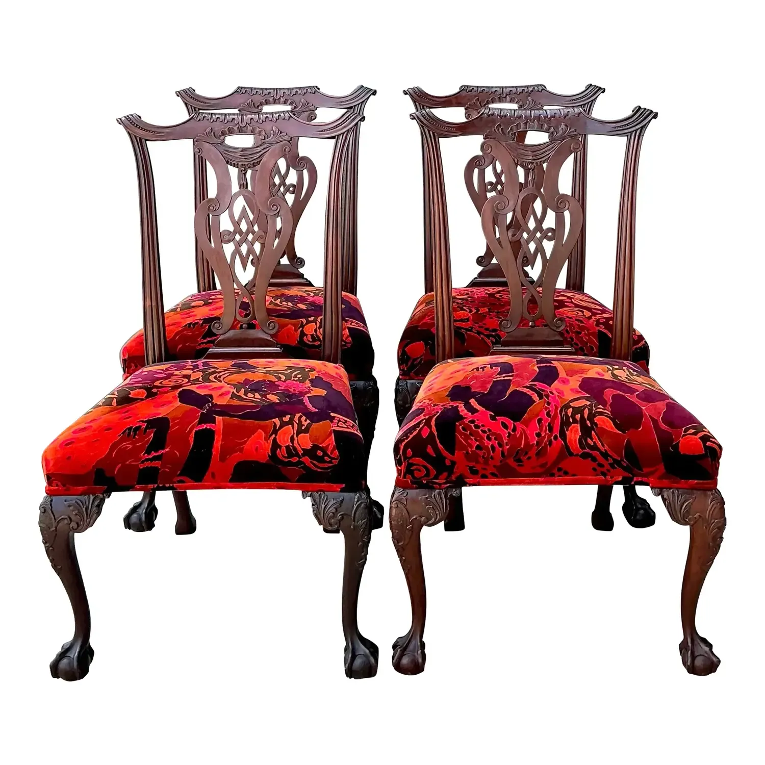 Vintage Hand Carved Chippendale Dining Chairs in 80s Yves St Laurent Printed Velvet - Set of 4 — additional photo 1