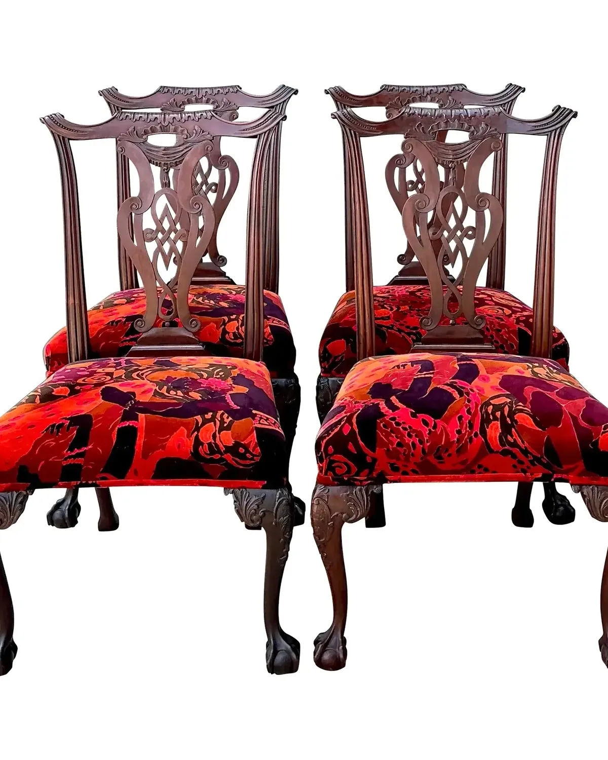 Vintage Hand Carved Chippendale Dining Chairs in 80s Yves St Laurent Printed Velvet - Set of 4