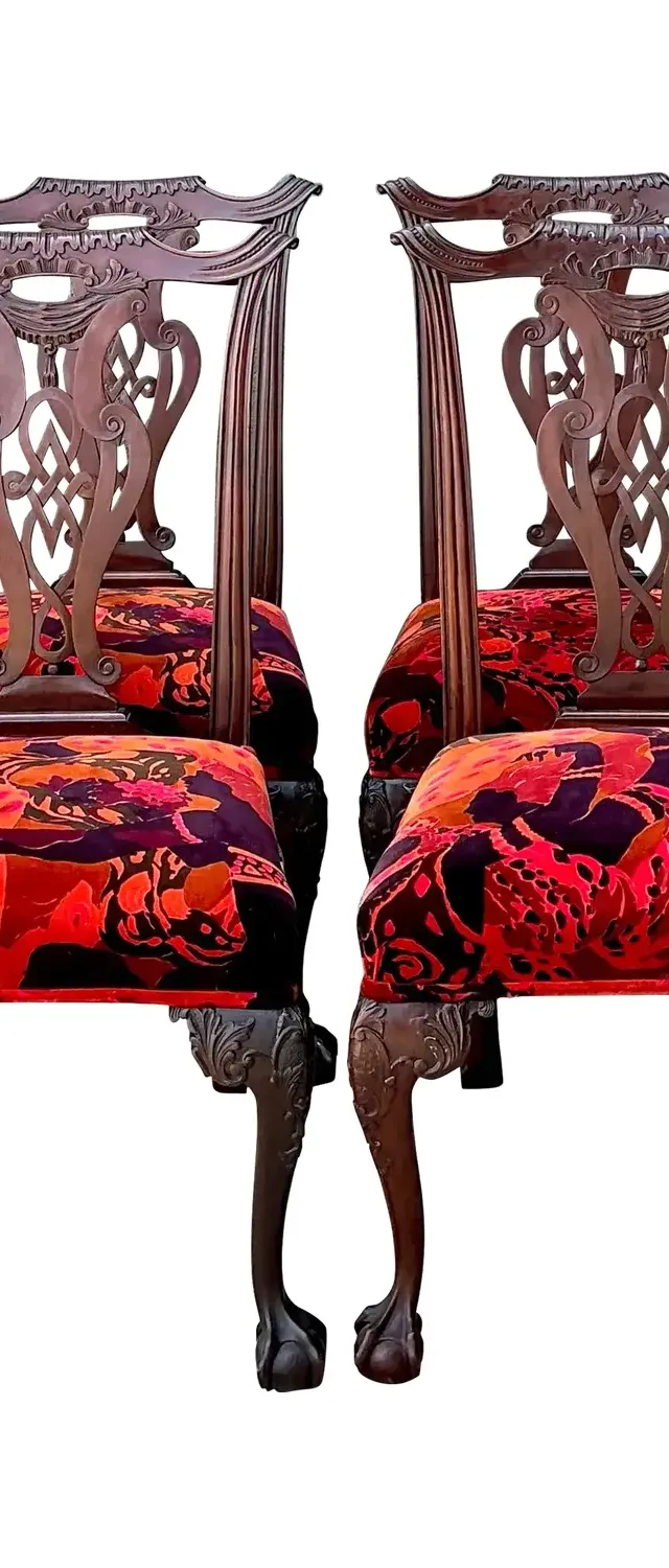 Vintage Hand Carved Chippendale Dining Chairs in 80s Yves St Laurent Printed Velvet - Set of 4