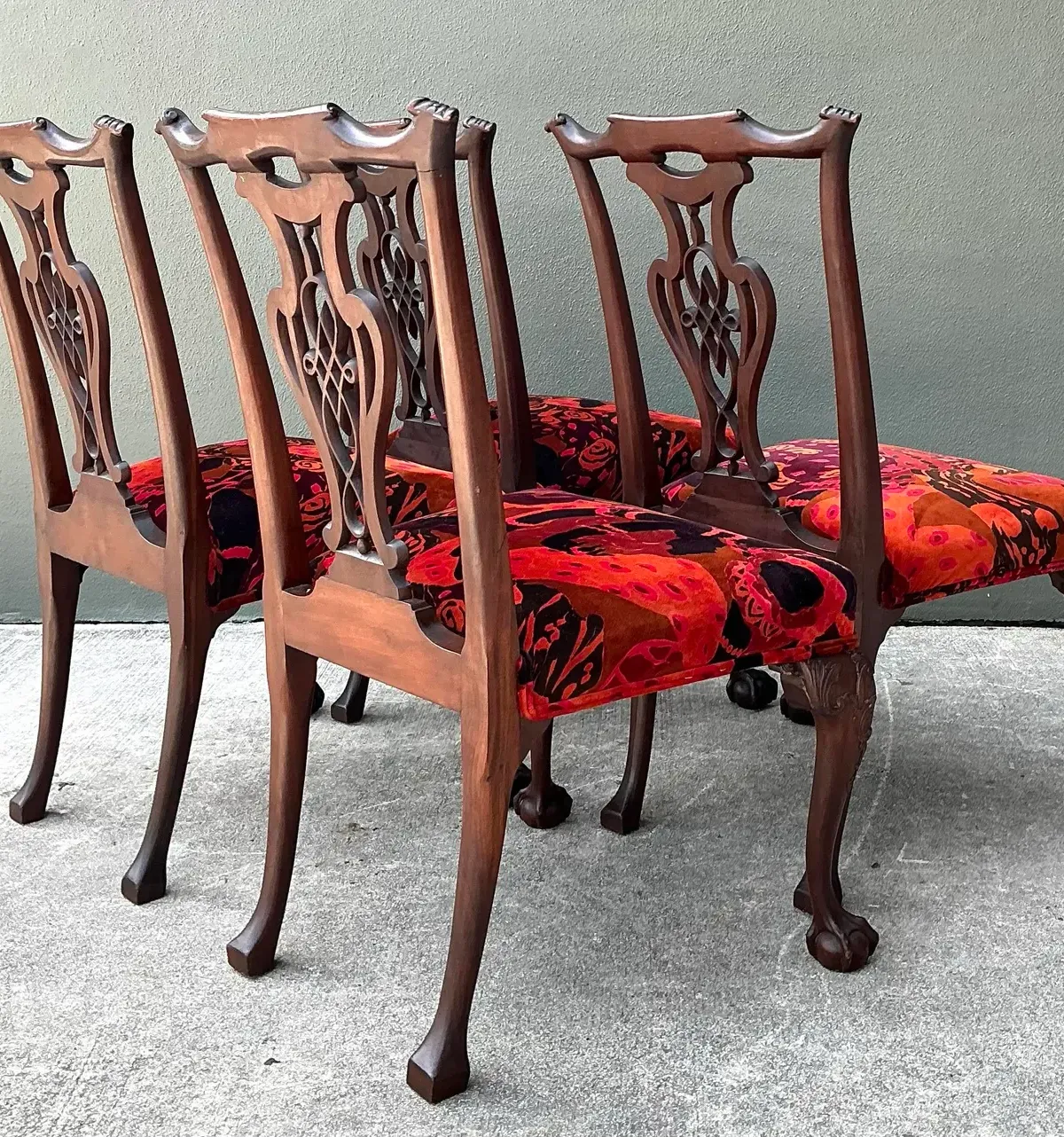 Vintage Hand Carved Chippendale Dining Chairs in 80s Yves St Laurent Printed Velvet - Set of 4 — additional photo 1
