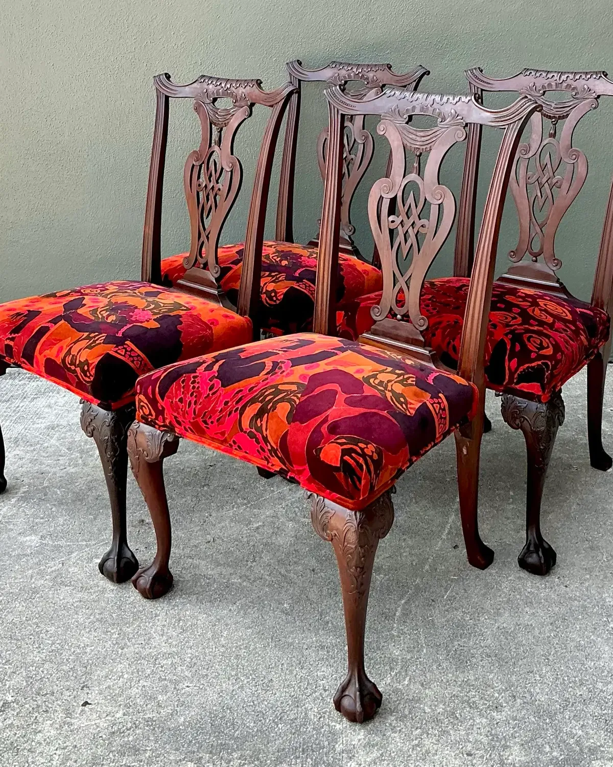 Vintage Hand Carved Chippendale Dining Chairs in 80s Yves St Laurent Printed Velvet - Set of 4 — additional photo 3
