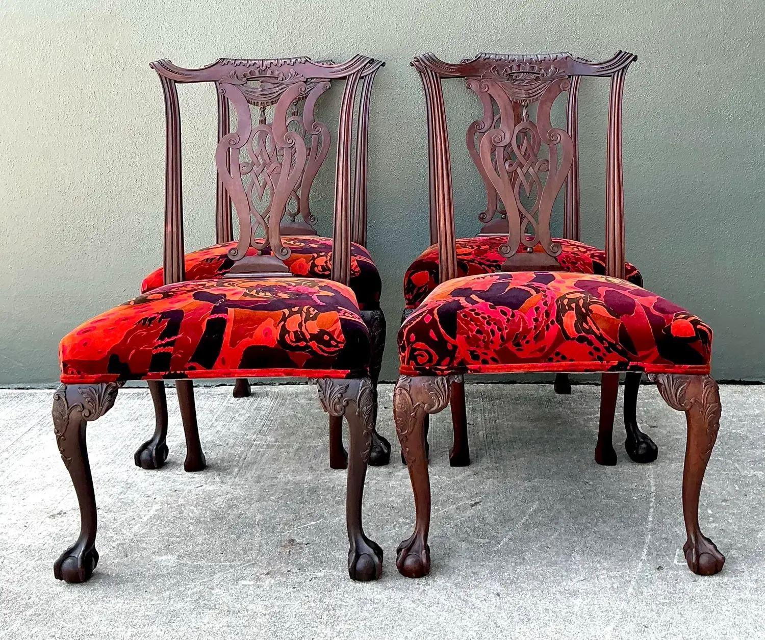 Vintage Hand Carved Chippendale Dining Chairs in 80s Yves St Laurent Printed Velvet - Set of 4 — additional photo 5