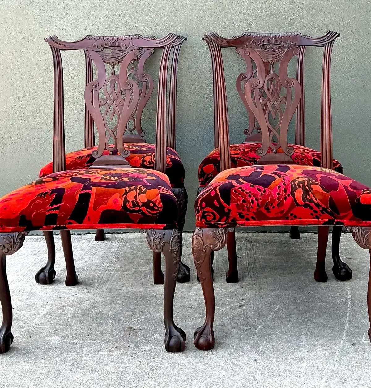 Vintage Hand Carved Chippendale Dining Chairs in 80s Yves St Laurent Printed Velvet - Set of 4 — additional photo 4