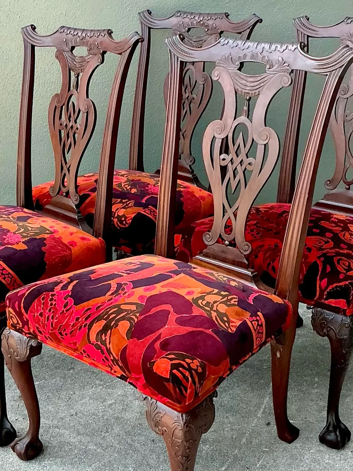 Vintage Hand Carved Chippendale Dining Chairs in 80s Yves St Laurent Printed Velvet - Set of 4 — additional photo 5
