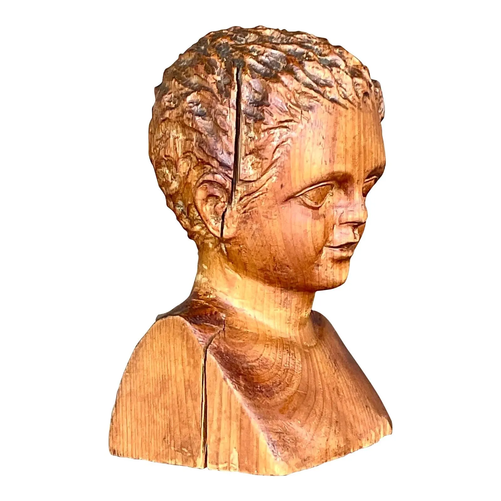 Vintage Hand Carved Wood Bust of Child Sculpture — additional photo 1