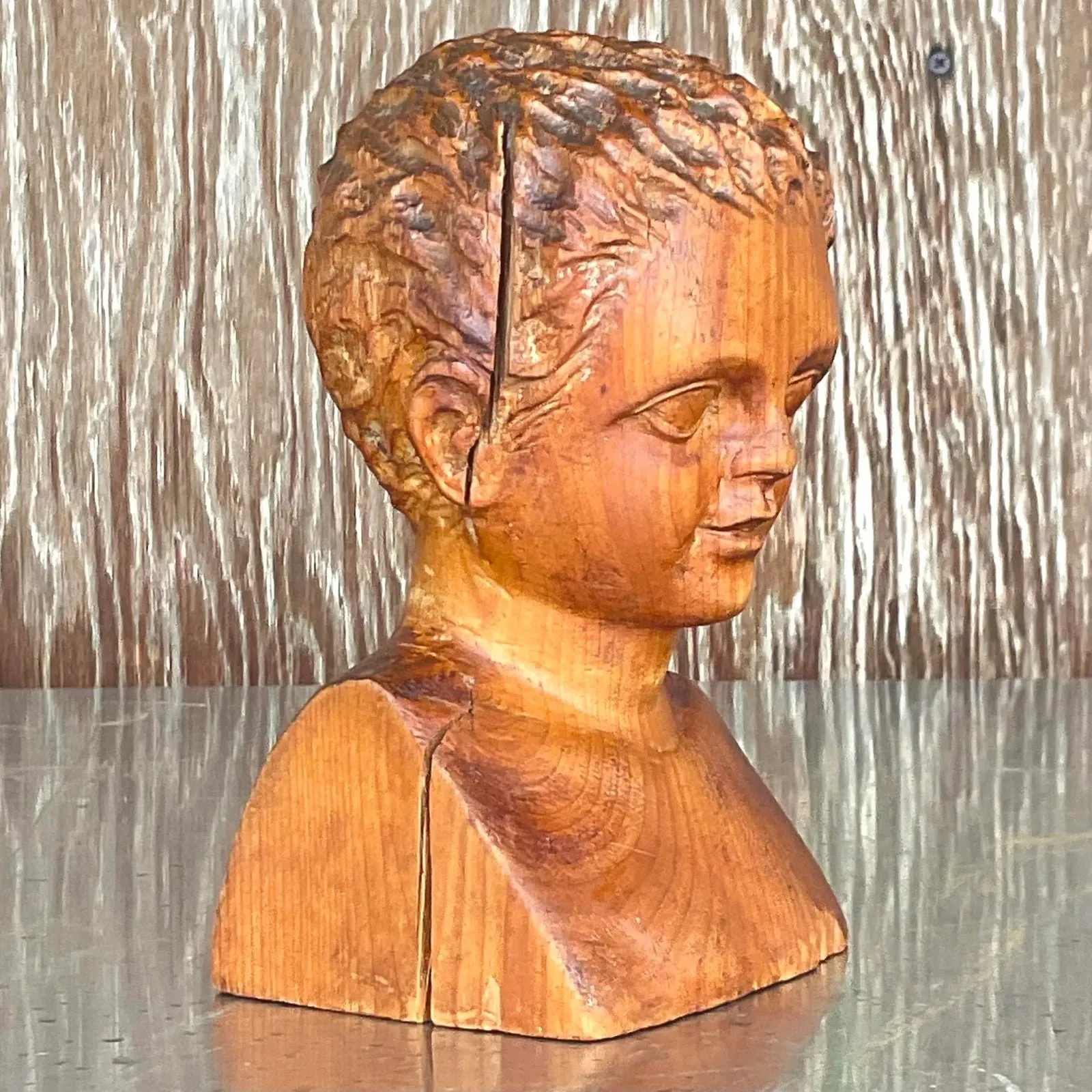 Vintage Hand Carved Wood Bust of Child Sculpture — additional photo 2