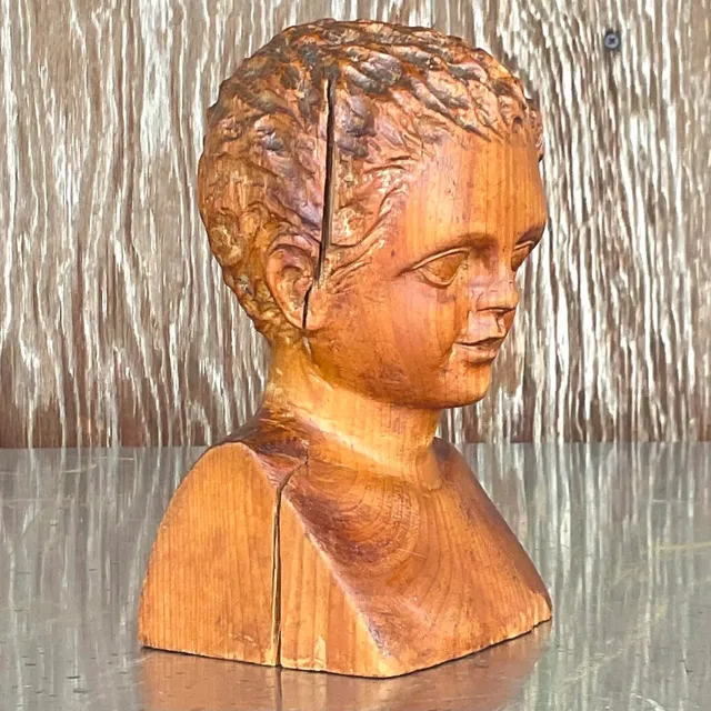 Vintage Hand Carved Wood Bust of Child Sculpture — additional photo 2