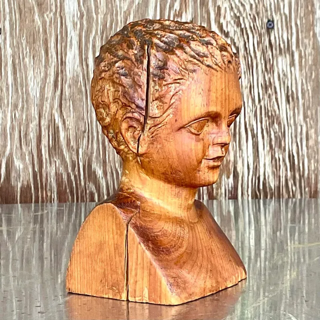 Vintage Hand Carved Wood Bust of Child Sculpture — additional photo 3