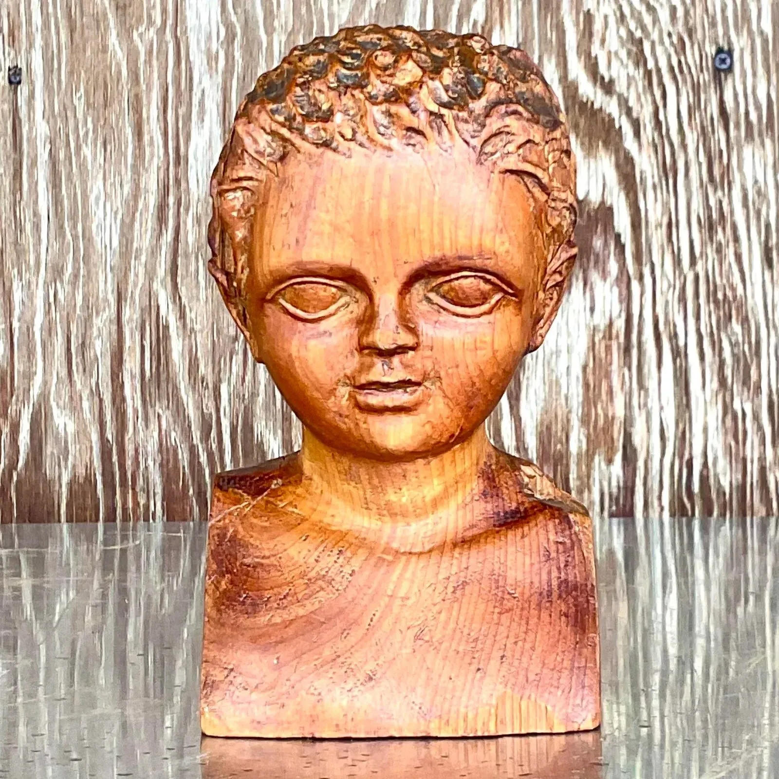 Vintage Hand Carved Wood Bust of Child Sculpture — additional photo 5