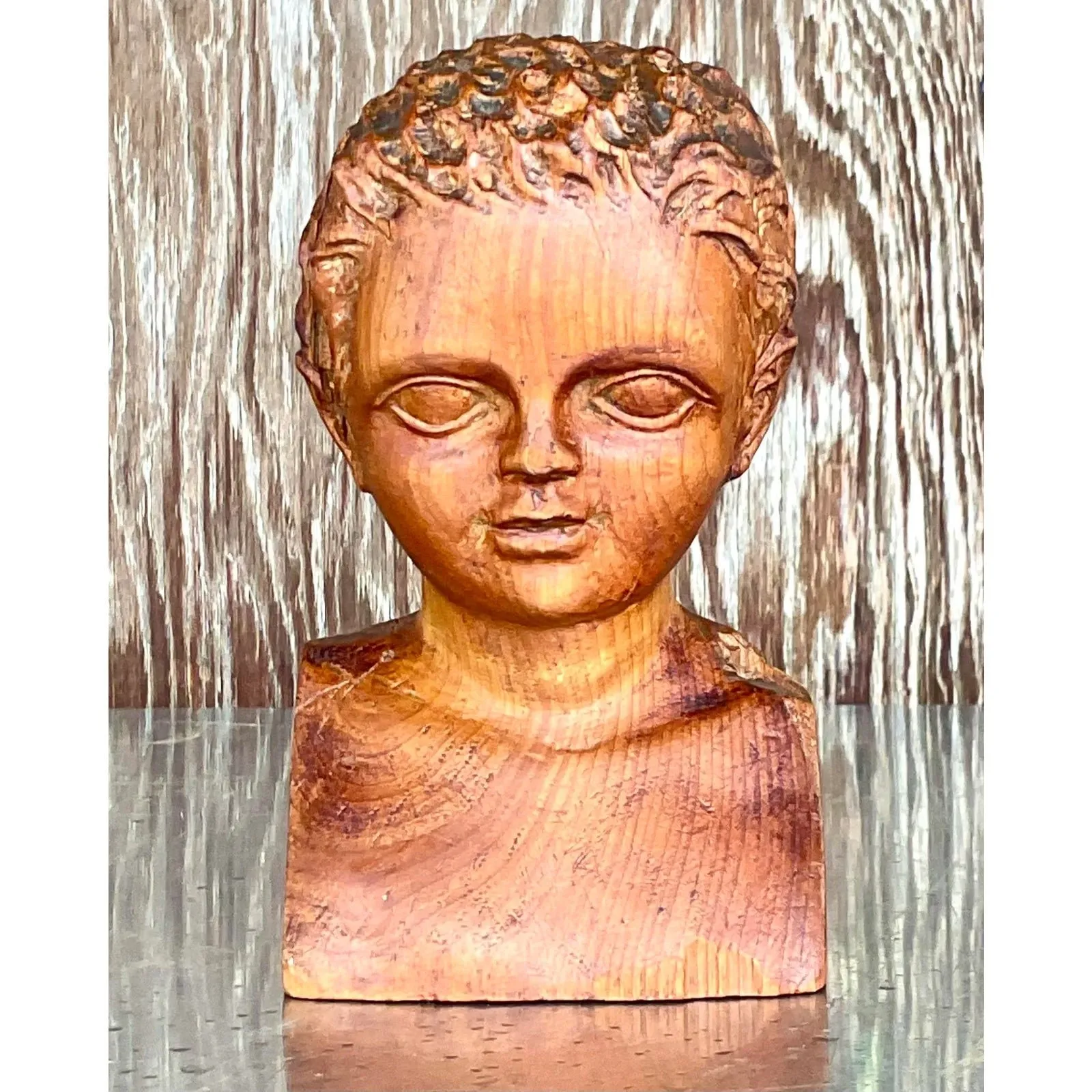 Vintage Hand Carved Wood Bust of Child Sculpture — additional photo 6