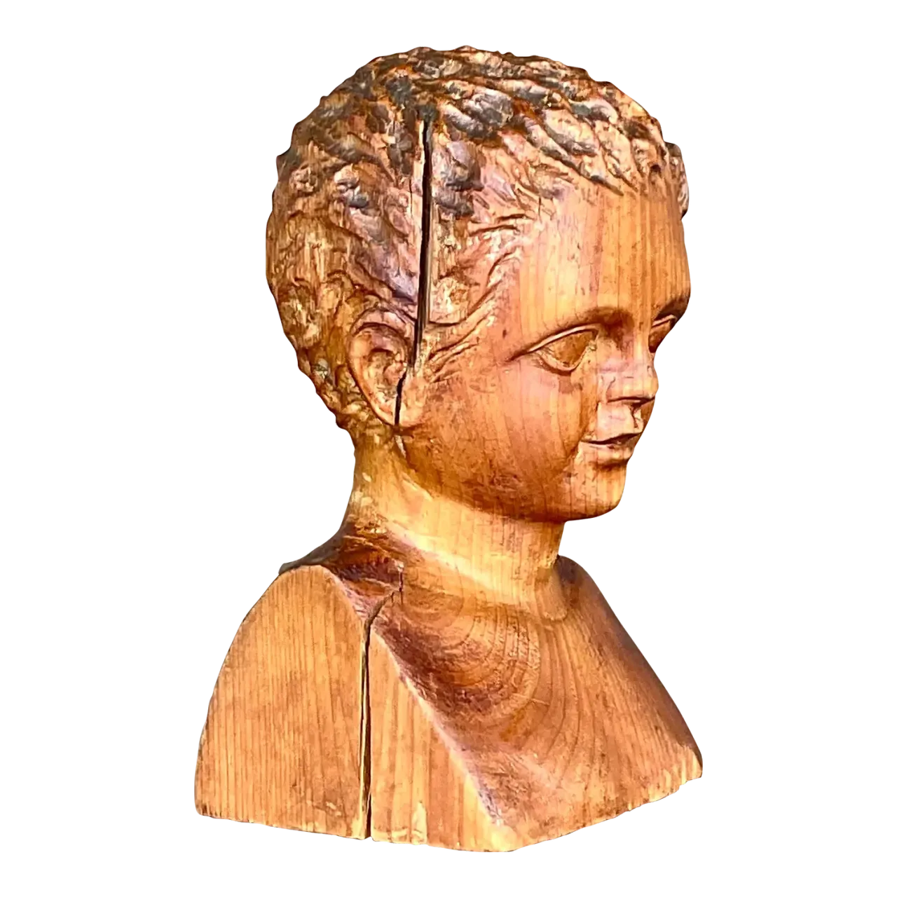 Vintage Hand Carved Wood Bust of Child Sculpture