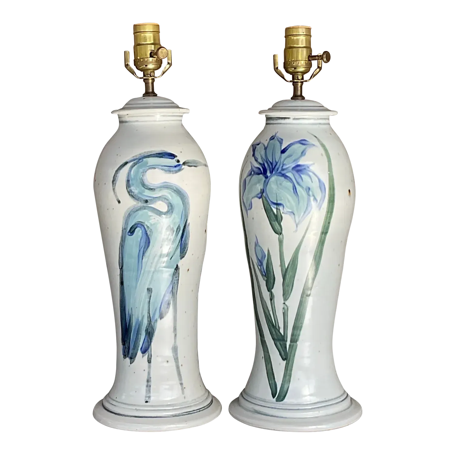 Vintage Hand Painted Ceramic Crane Bamboo Motif - Pair