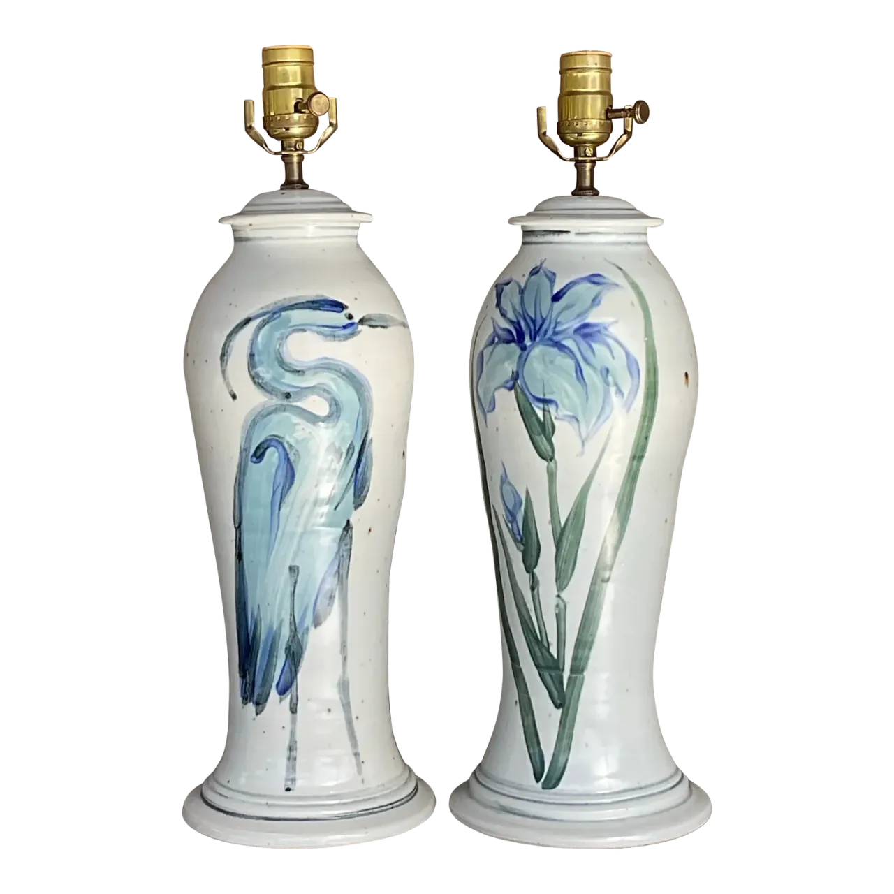 Vintage Hand Painted Ceramic Crane Bamboo Motif - Pair