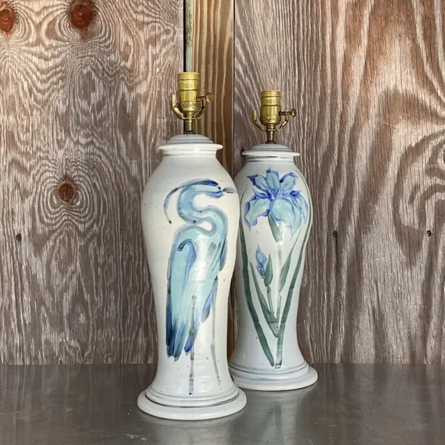 Vintage Hand Painted Ceramic Crane Bamboo Motif - Pair — additional photo 1
