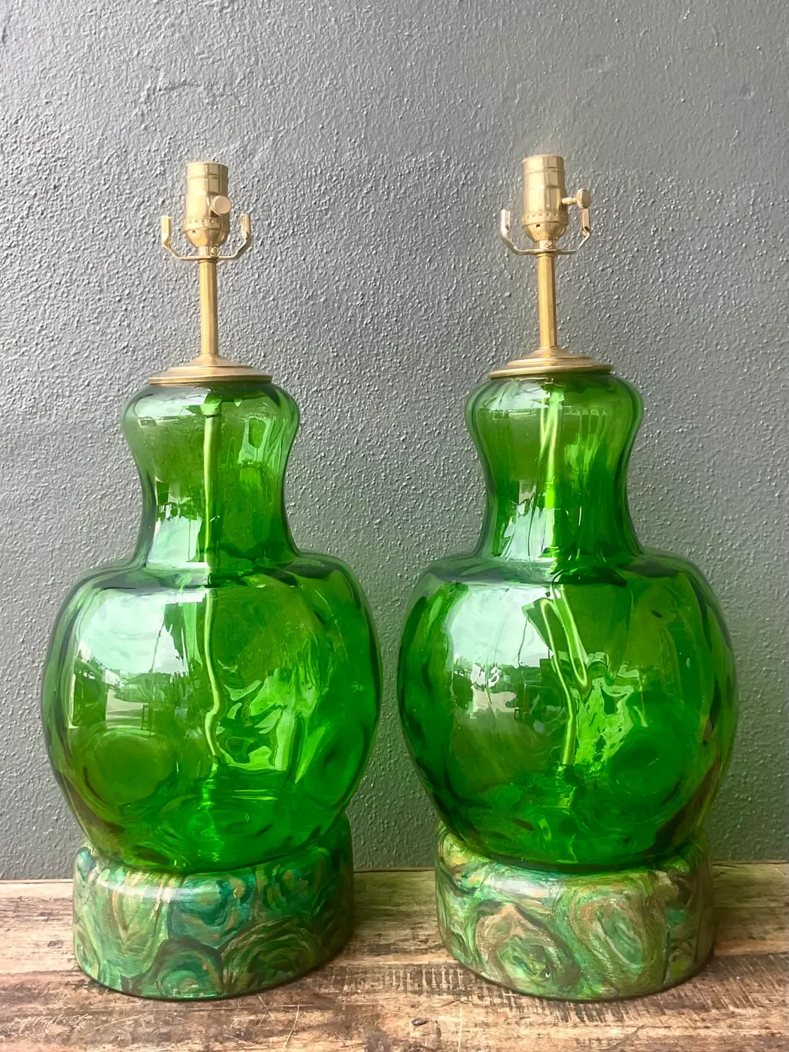 Vintage Hand Painted Malachite Plinth Glass Lamps - A Pair — additional photo 1