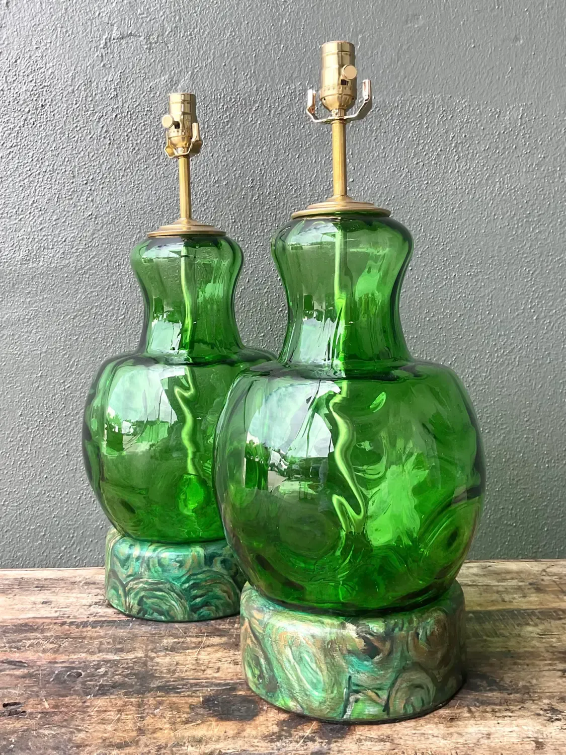 Vintage Hand Painted Malachite Plinth Glass Lamps - A Pair — additional photo 2