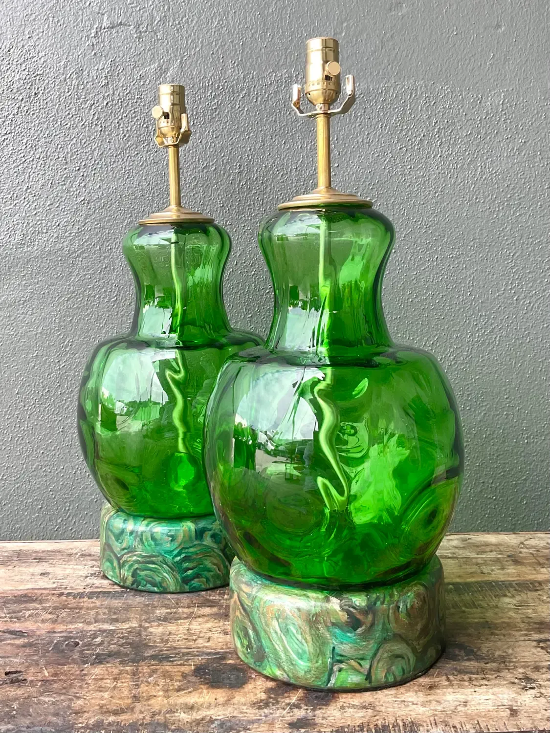 Vintage Hand Painted Malachite Plinth Glass Lamps - A Pair — additional photo 3