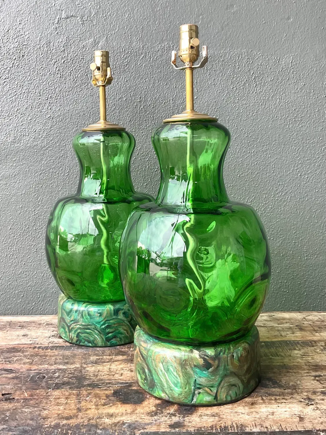 Vintage Hand Painted Malachite Plinth Glass Lamps - A Pair — additional photo 4