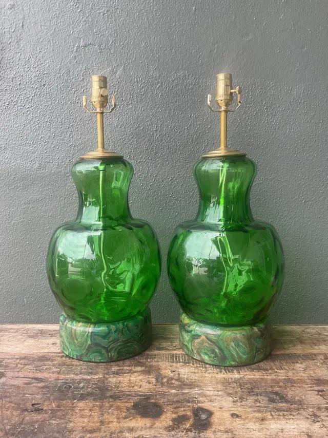 Vintage Hand Painted Malachite Plinth Glass Lamps - A Pair — additional photo 5