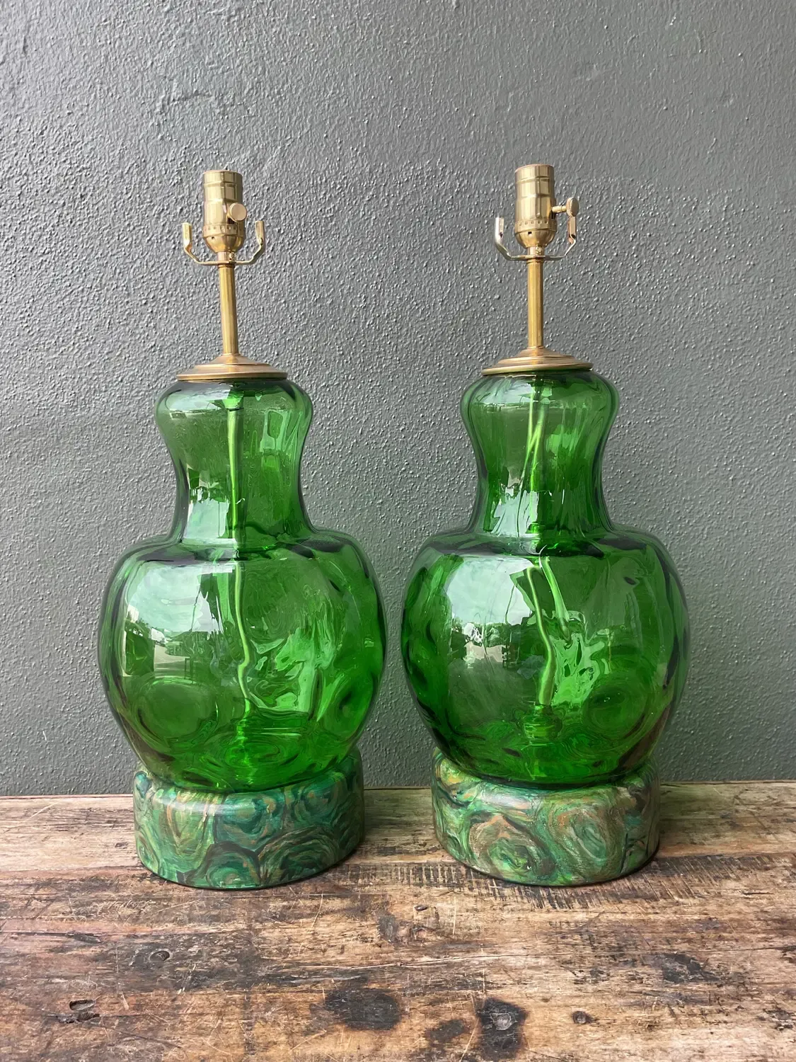 Vintage Hand Painted Malachite Plinth Glass Lamps - A Pair — additional photo 7
