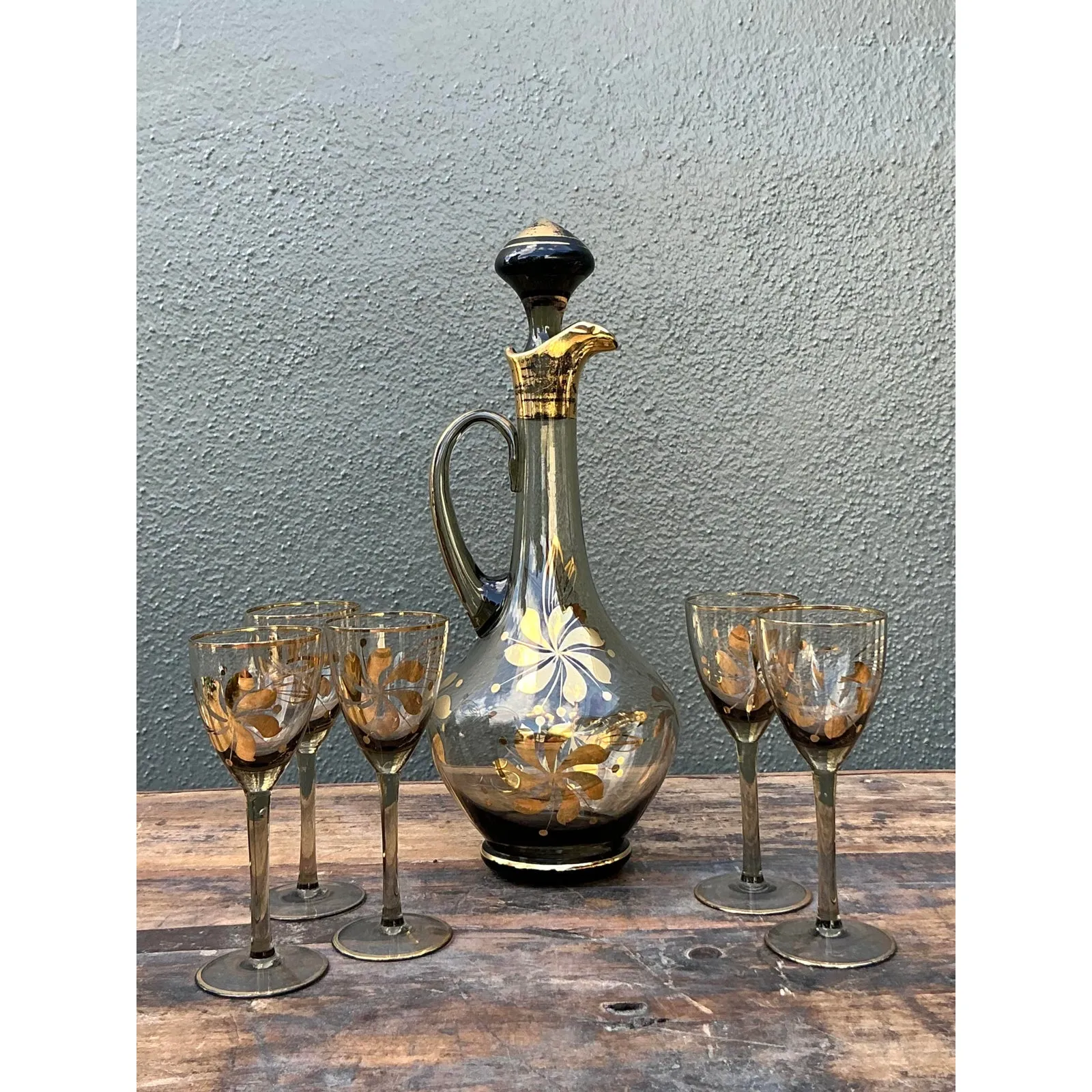 Vintage Hungarian Gilt Floral Decanter Set of 6