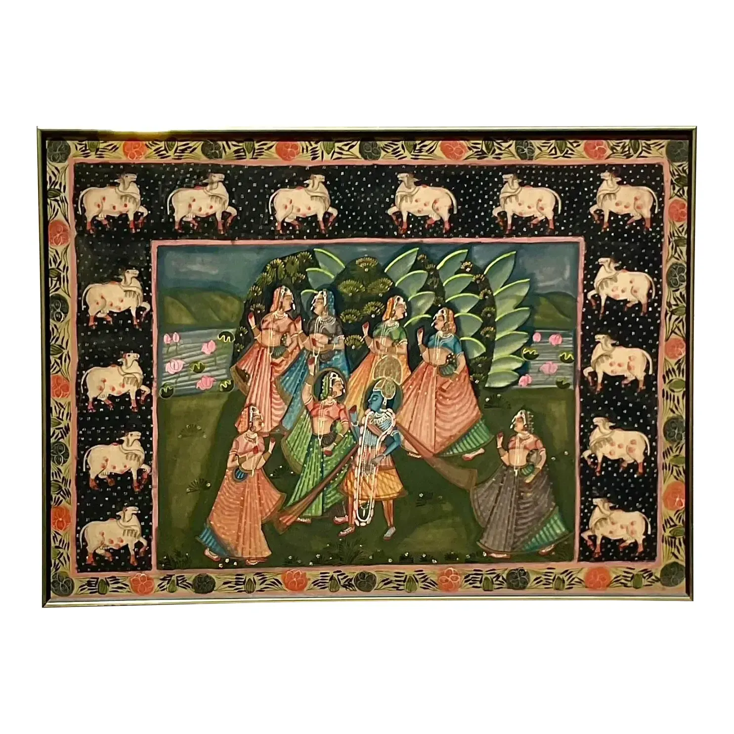 Vintage Indian Pichwai Folk Art Painting on Silk — additional photo 1