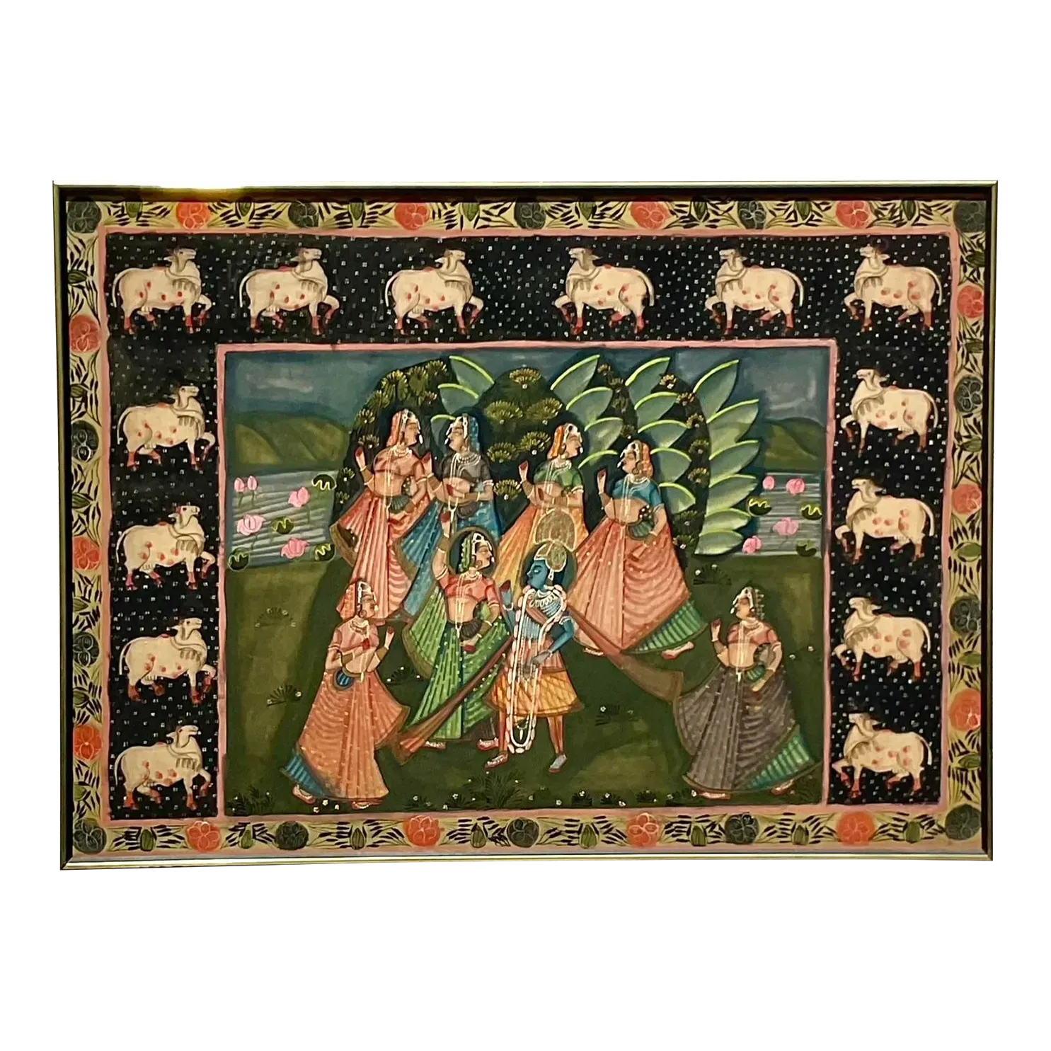 Vintage Indian Pichwai Folk Art Painting on Silk — additional photo 2