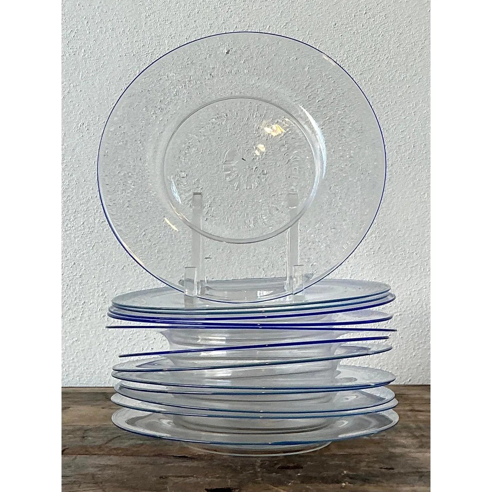 Vintage Italian Carloe Scarpa for Murano Blue Tipped Glass Plates - Set of 12 — additional photo 2