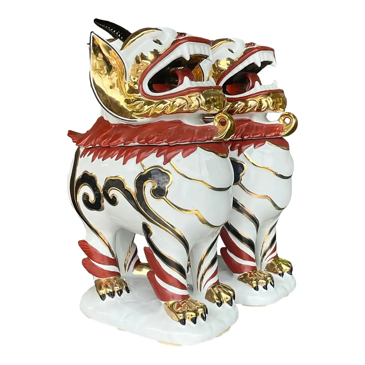Vintage Italian Gilt Tipped Lidded Porcelain Foo Dogs - a Pair — additional photo 1