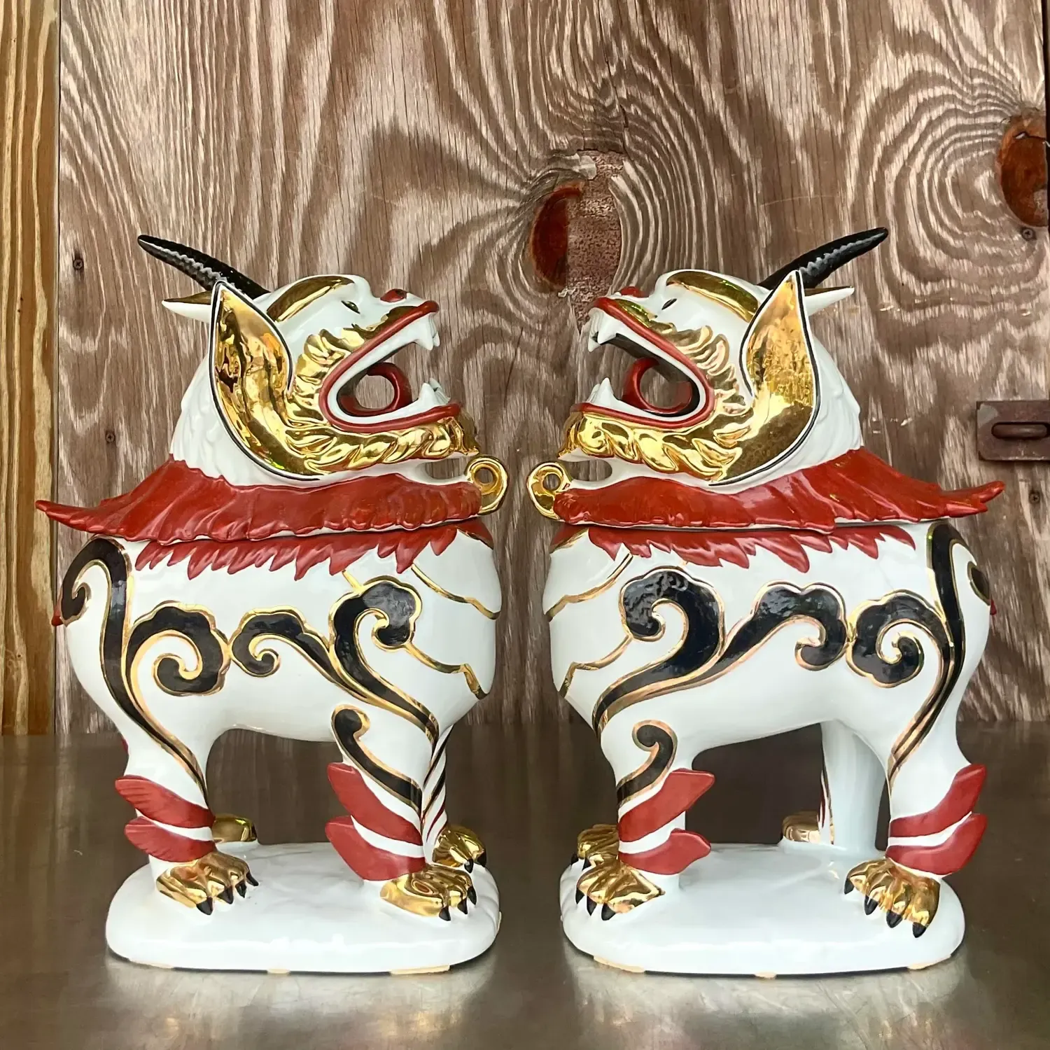 Vintage Italian Gilt Tipped Lidded Porcelain Foo Dogs - a Pair — additional photo 2