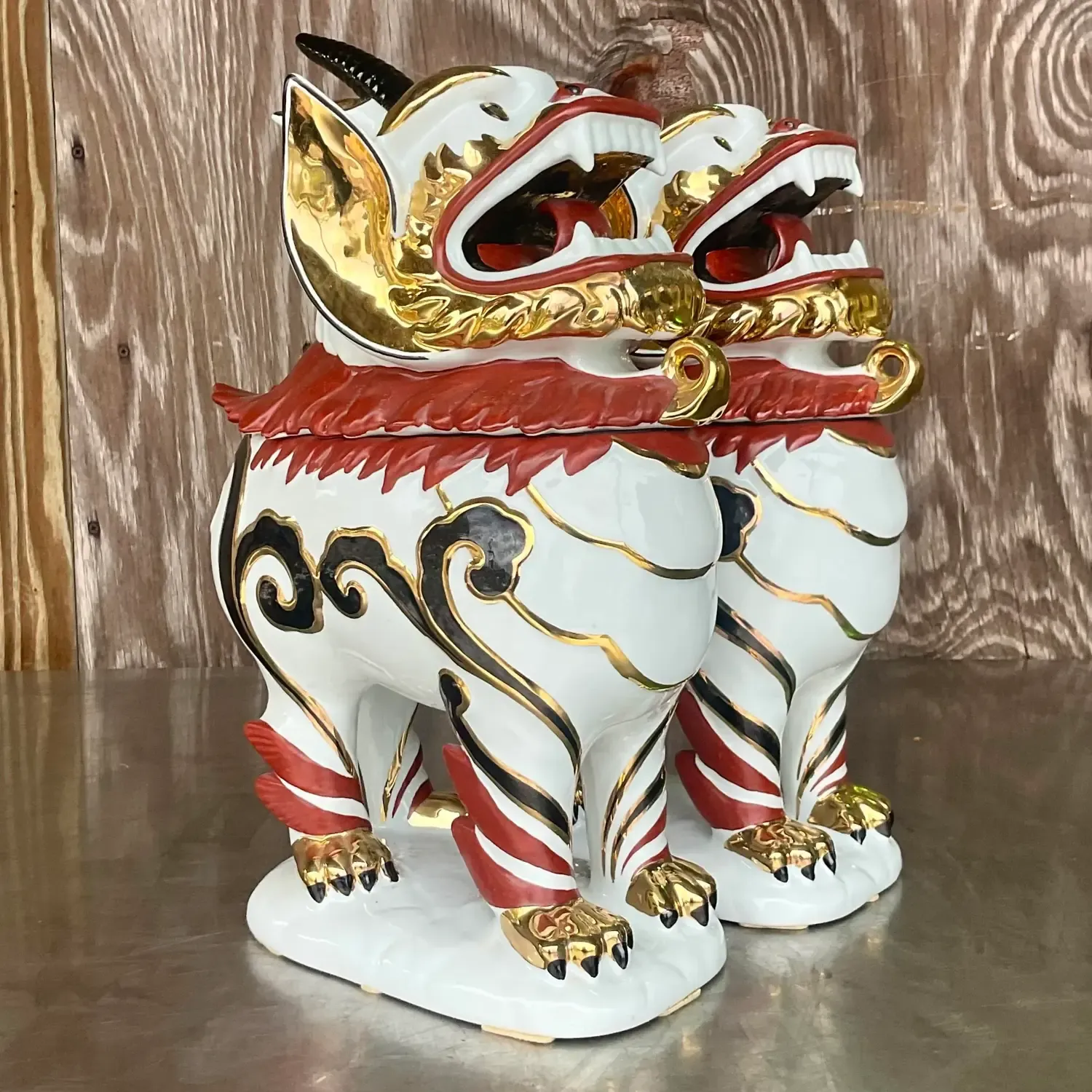 Vintage Italian Gilt Tipped Lidded Porcelain Foo Dogs - a Pair — additional photo 3