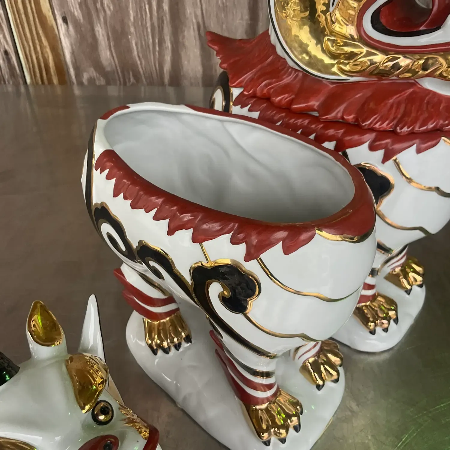 Vintage Italian Gilt Tipped Lidded Porcelain Foo Dogs - a Pair — additional photo 5