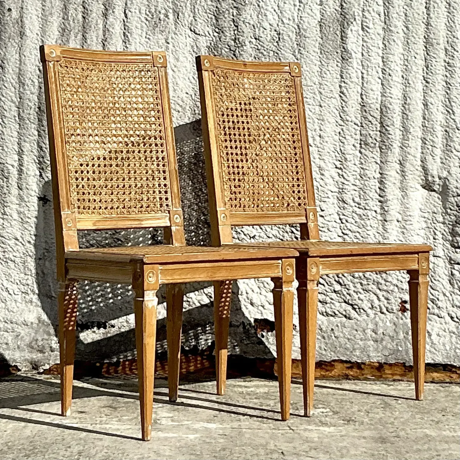 Vintage Italian Regency Cane and Wood Side Chairs - a Pair
